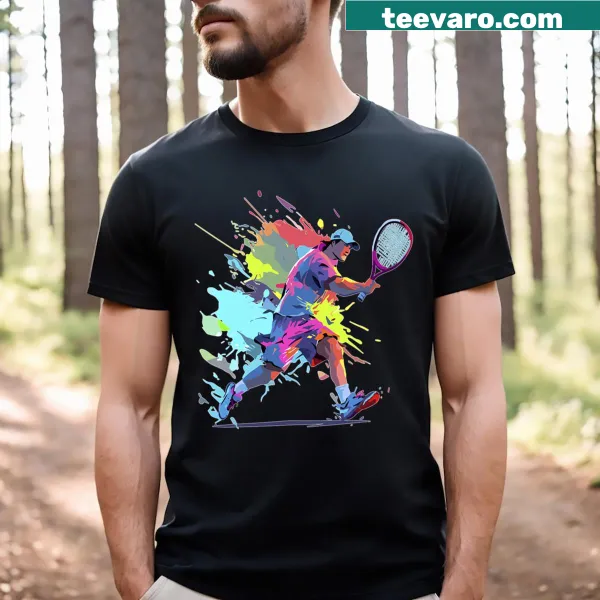 Illustrated tennis racket with paint splash design.