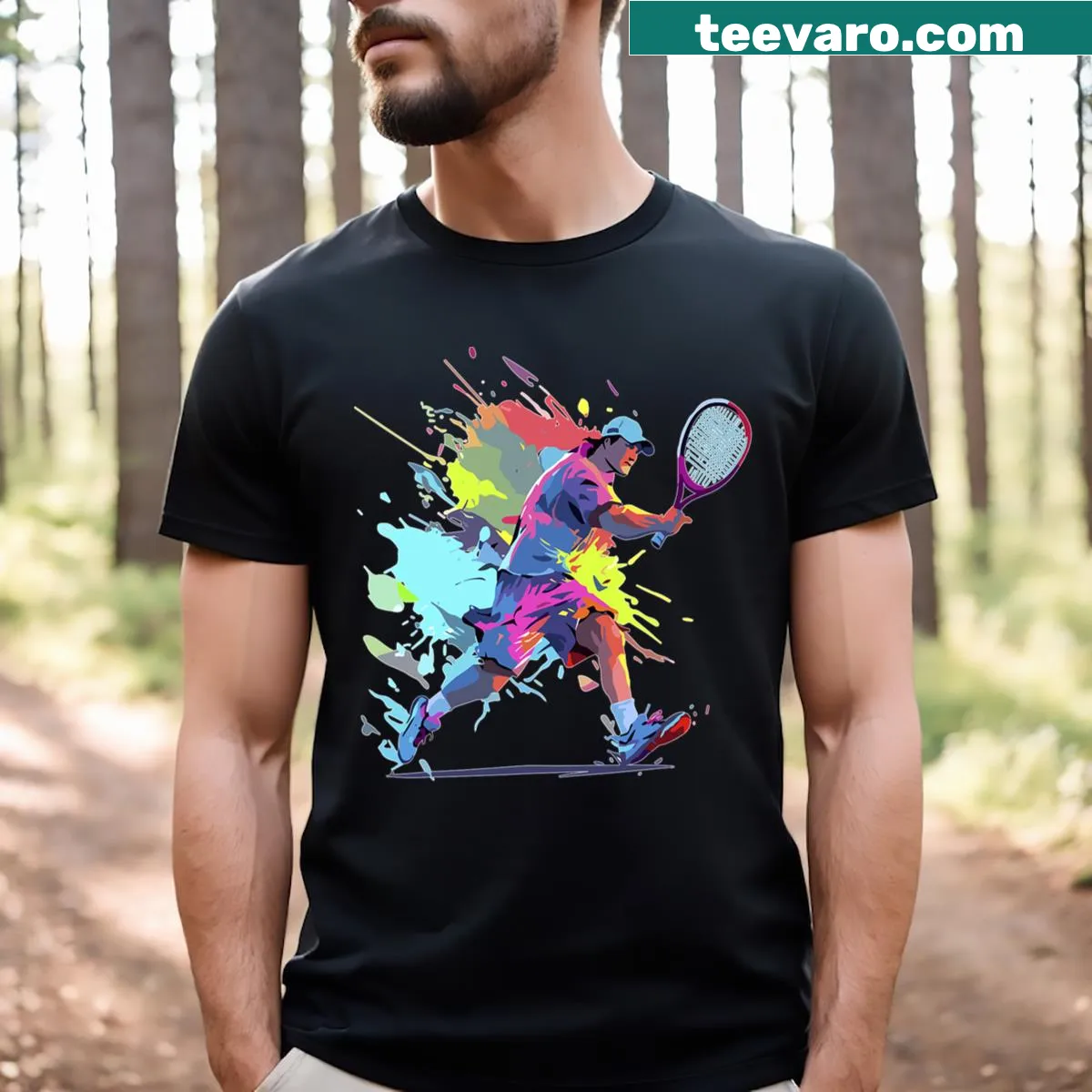 Illustrated tennis racket with paint splash design. — on a men's t-shirt