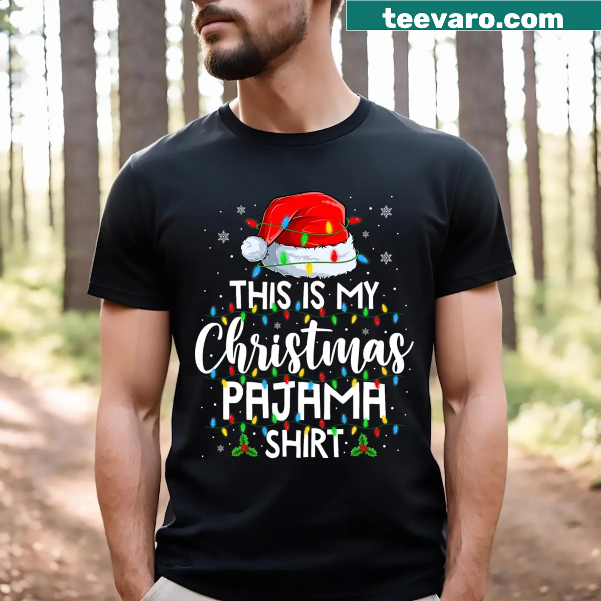 Christmas-themed t-shirt with pajama lights graphic and playful text — on a men's t-shirt