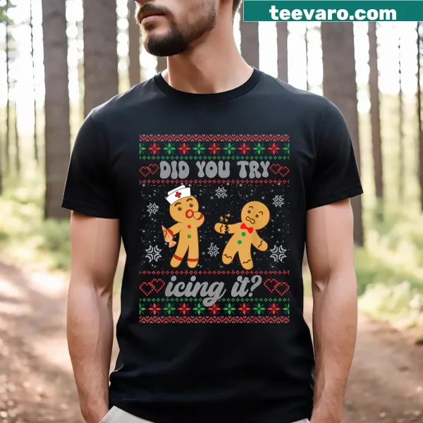 Funny nurse-themed Christmas t-shirt with humorous text