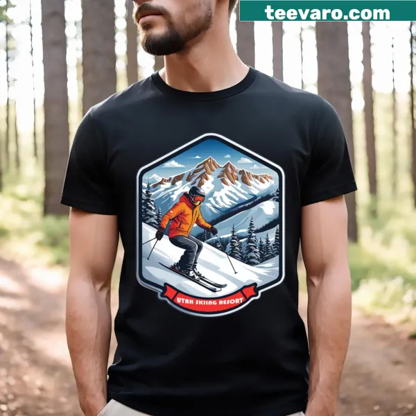 Illustration of snowy mountains and snowflakes on ski-themed shirt