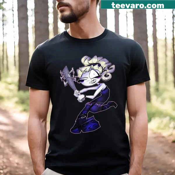 Graphic of a mysterious vampire girl on a dark-themed t-shirt