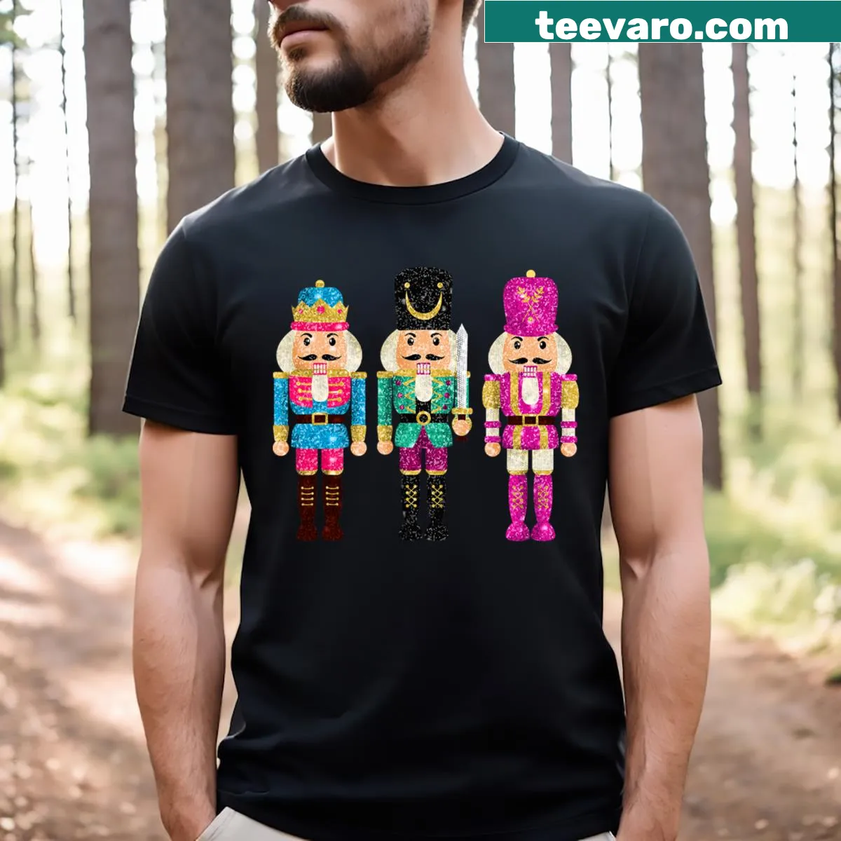 Festive T-shirt featuring a cartoon nutcracker design — on a men's t-shirt