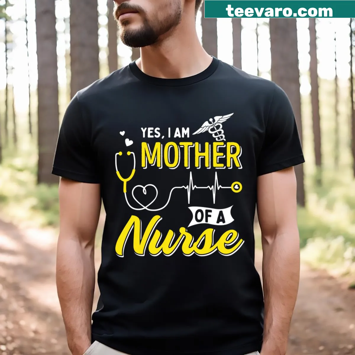 Proud Mom of a Nurse t-shirt with bold typography — on a men's t-shirt