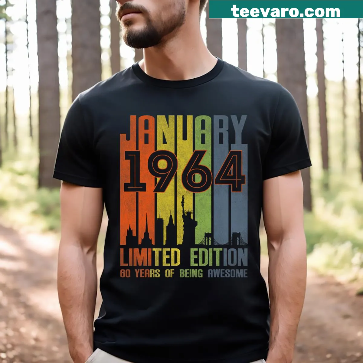 Funny 60 Year Old Awesome Since January 1964 birthday T-shirt — on a men's t-shirt