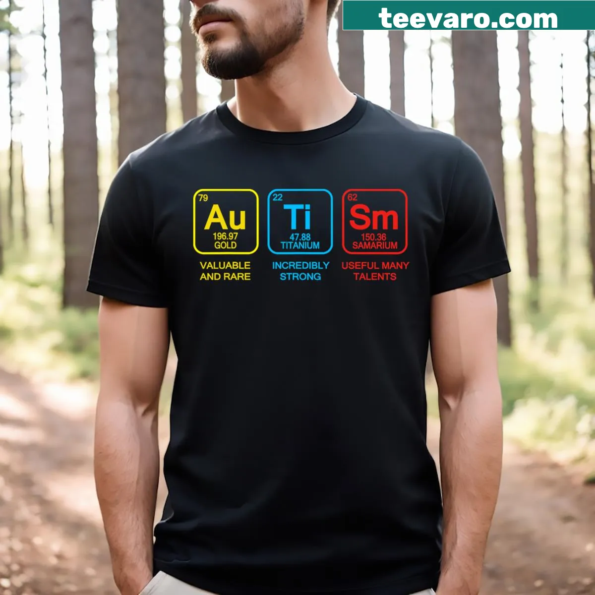 Periodic table themed Autism Awareness t-shirt for men — on a men's t-shirt
