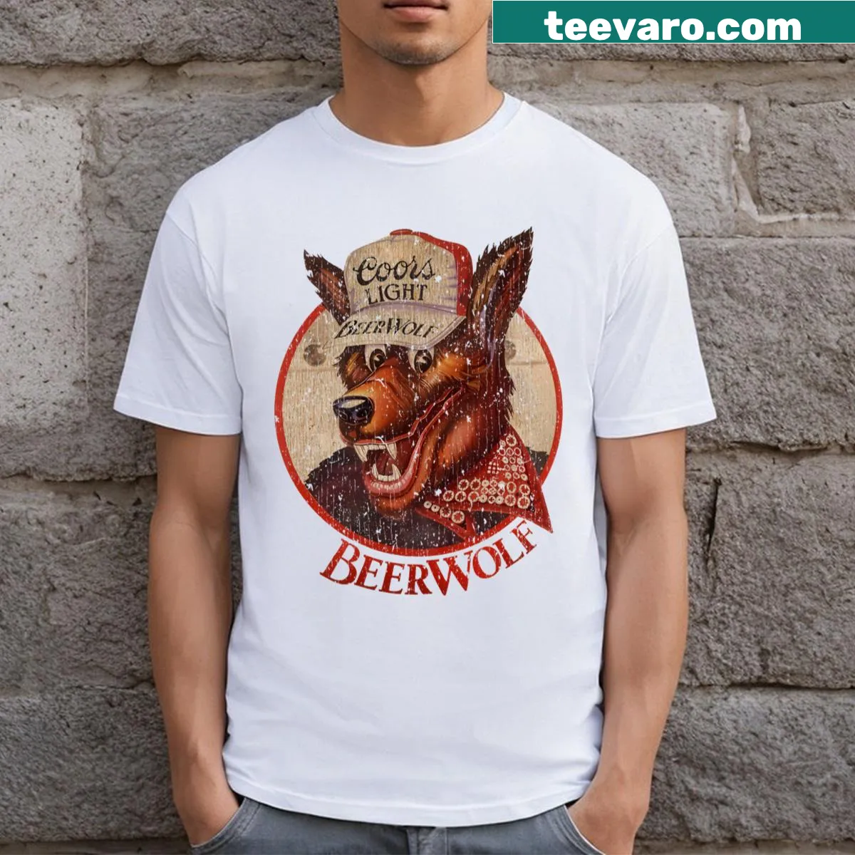 Vintage-style tee featuring a whimsical beer-drinking werewolf illustration. — on a men's t-shirt