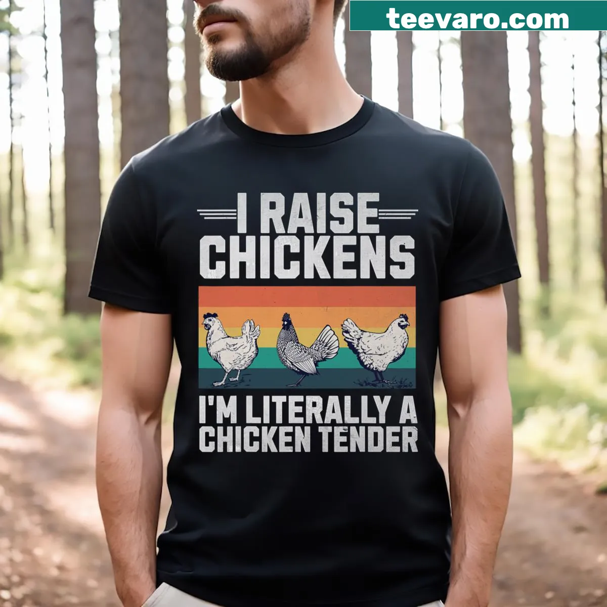 Illustrative tee celebrating chicken farming with charming artwork. — on a men's t-shirt
