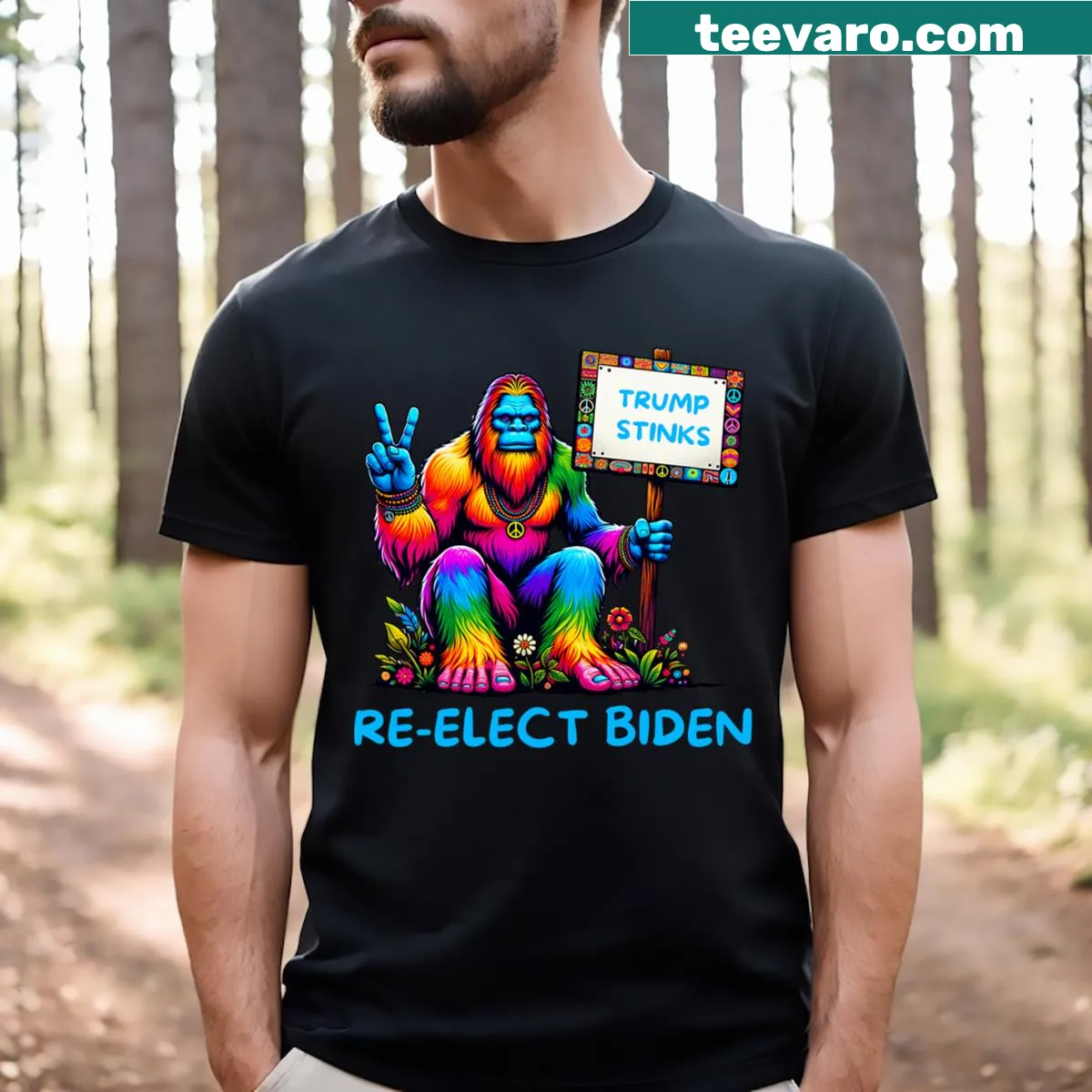 Bigfoot-themed T-shirt with political message for Biden 2024 — on a men's t-shirt