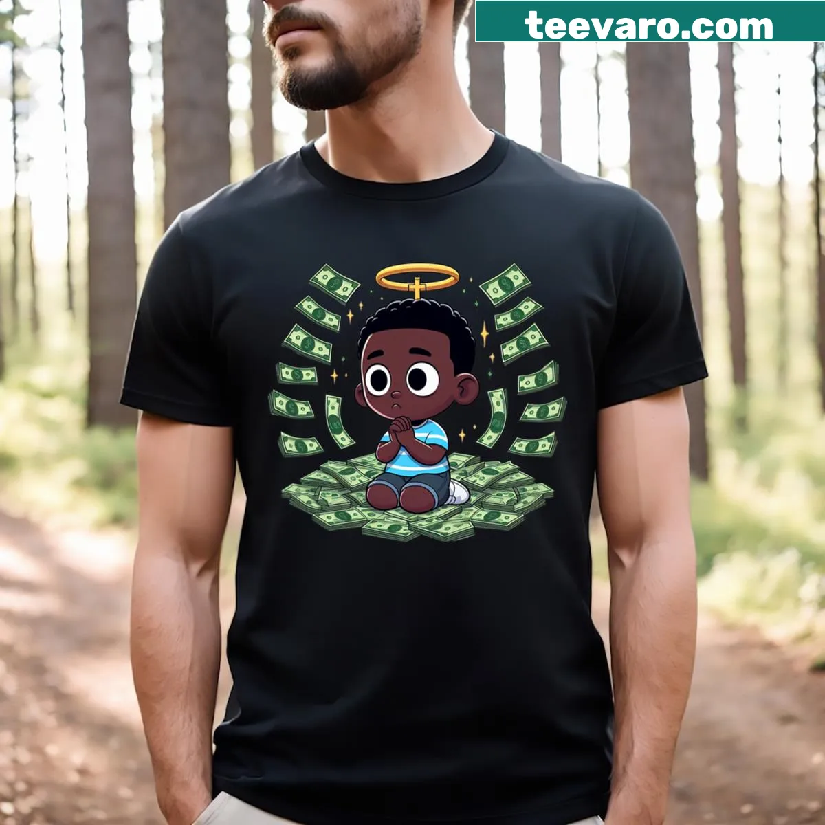 Motivational T-shirt highlighting aspirations for wealth and success — on a men's t-shirt