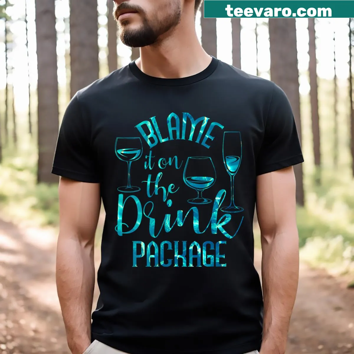 Cruise-themed t-shirt with humorous text about drink packages — on a men's t-shirt