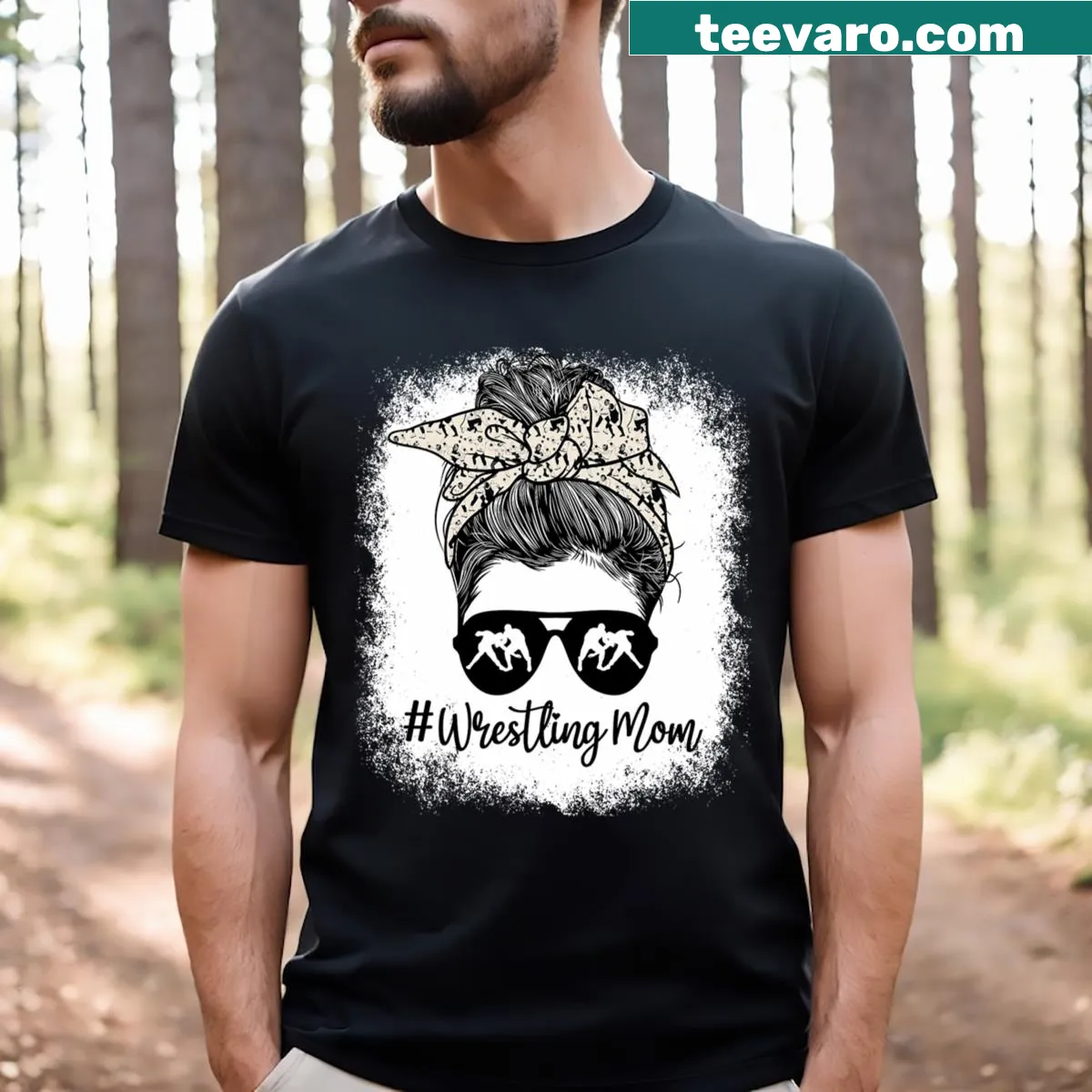 Bleached wrestling mom t-shirt with leopard graphics and messy bun design — on a men's t-shirt