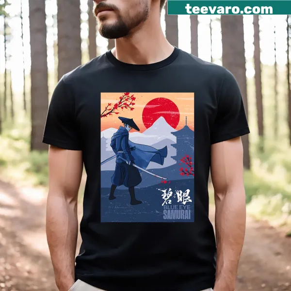 Illustration of a samurai with blue eyes on a T-shirt