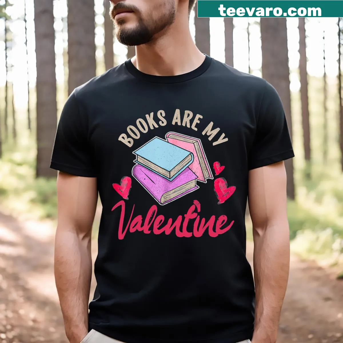 Typographic shirt celebrating books as valentines for librarians — on a men's t-shirt