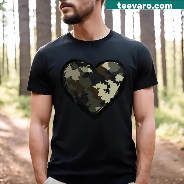 Camo print heart graphic on a casual Valentine's Day t-shirt