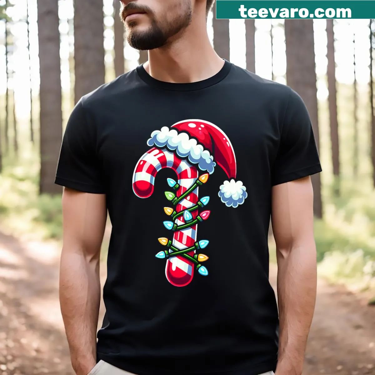 Kids Christmas T-shirt featuring Santa and candy canes illustration — on a men's t-shirt