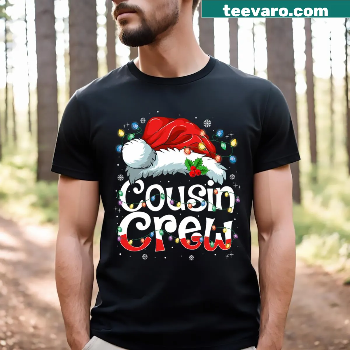 Christmas Cousin Crew T-shirt with Santa hat illustration — on a men's t-shirt