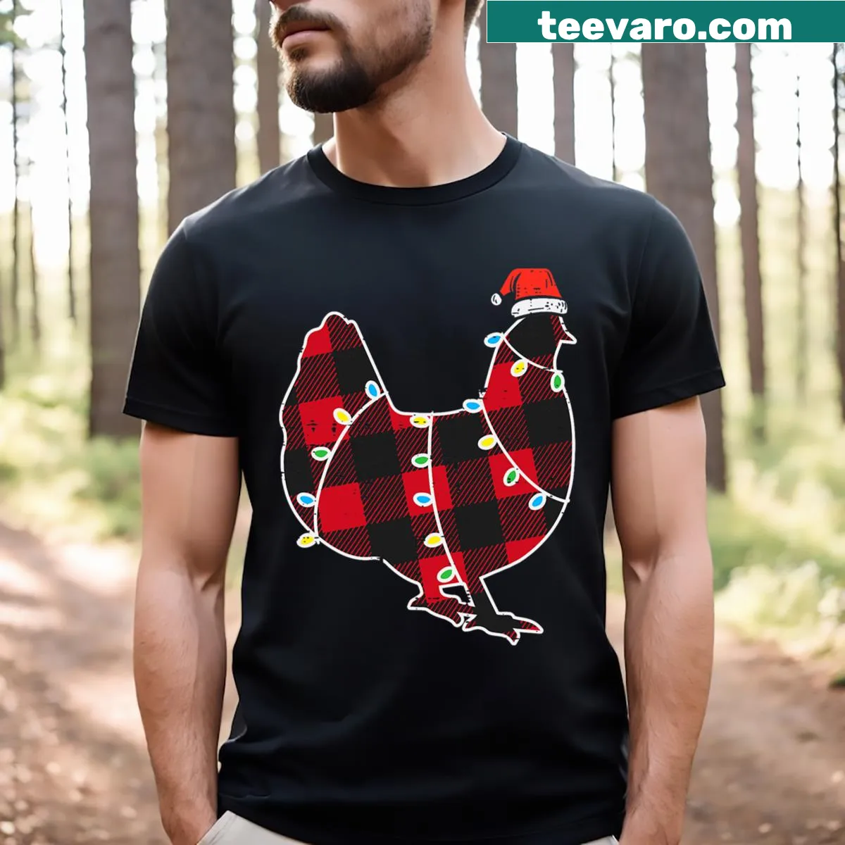Christmas t-shirt with red buffalo plaid and chicken illustration — on a men's t-shirt