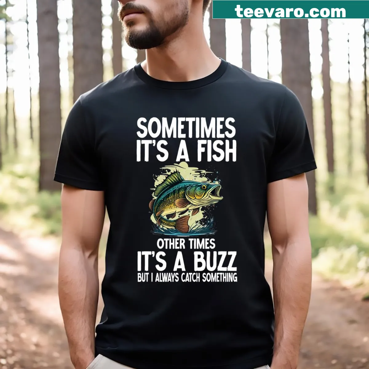 Fishing-themed t-shirt with a fishing rod and fish graphic. — on a men's t-shirt
