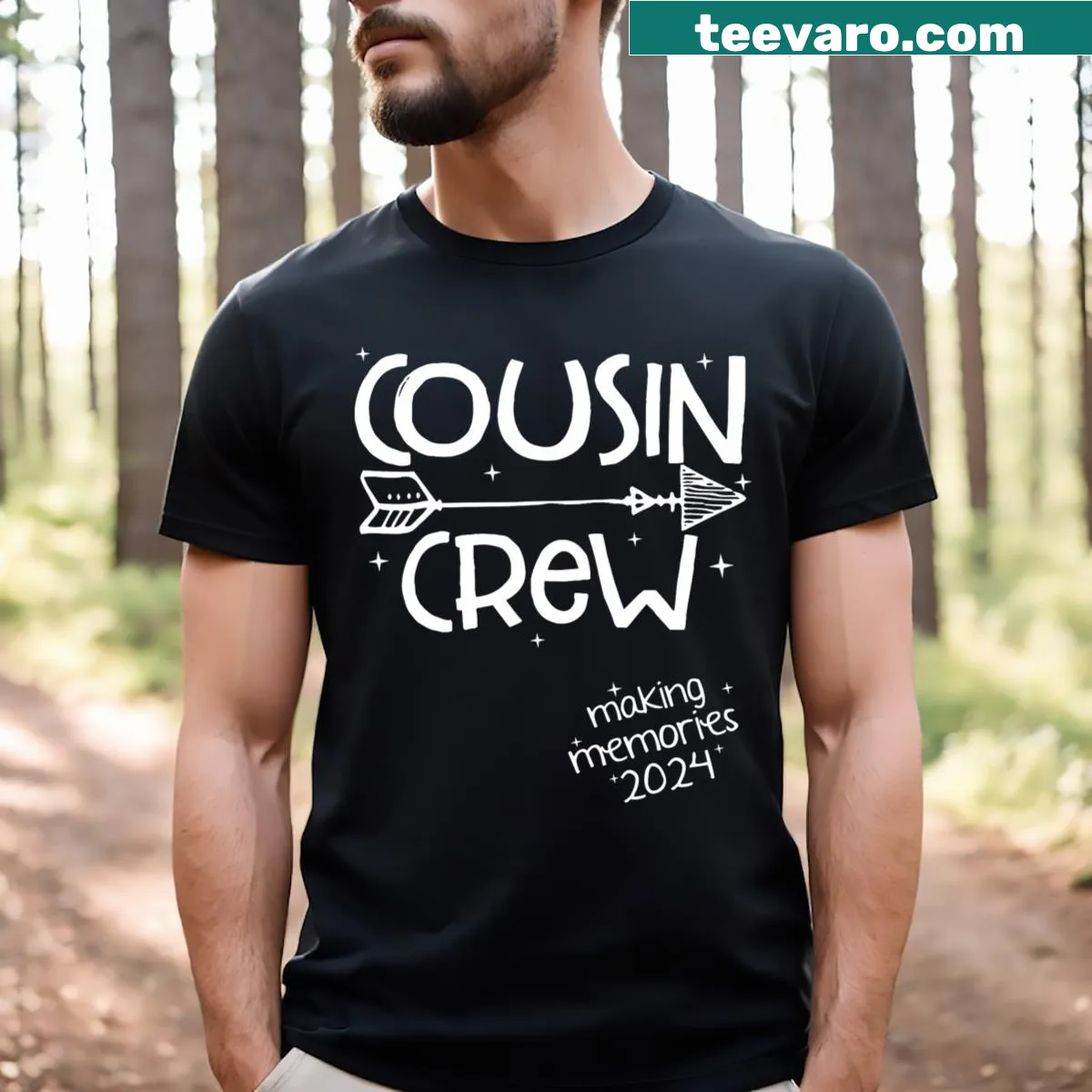 Vintage-style t-shirt for family reunions with 'Cousin Crew 2024' text. — on a men's t-shirt