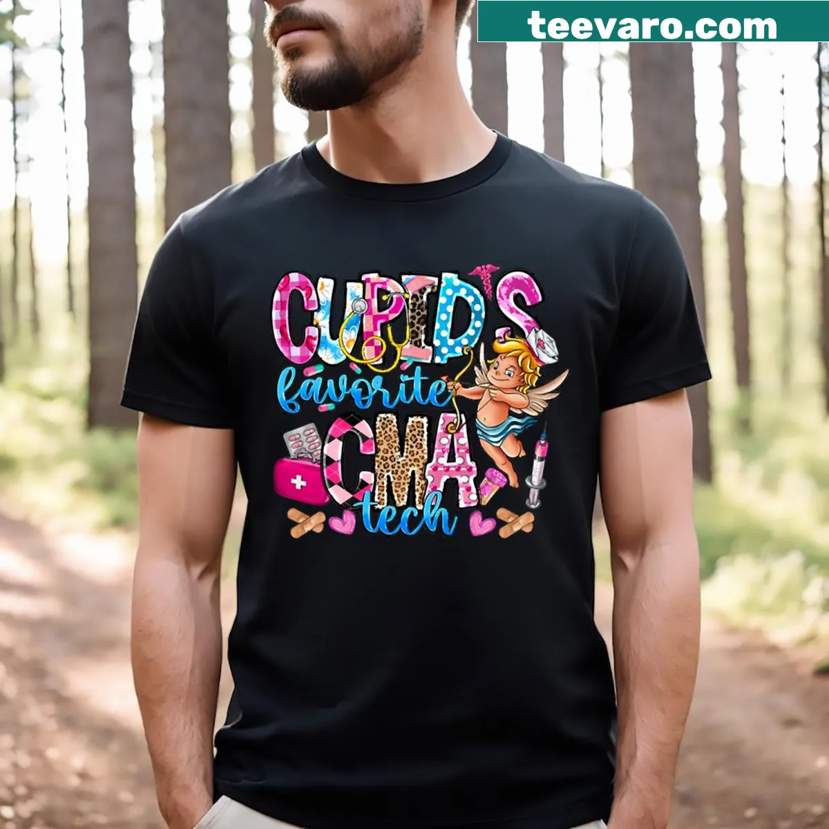 Cupid's Favorite Nurse T-shirt with playful typography — on a men's t-shirt