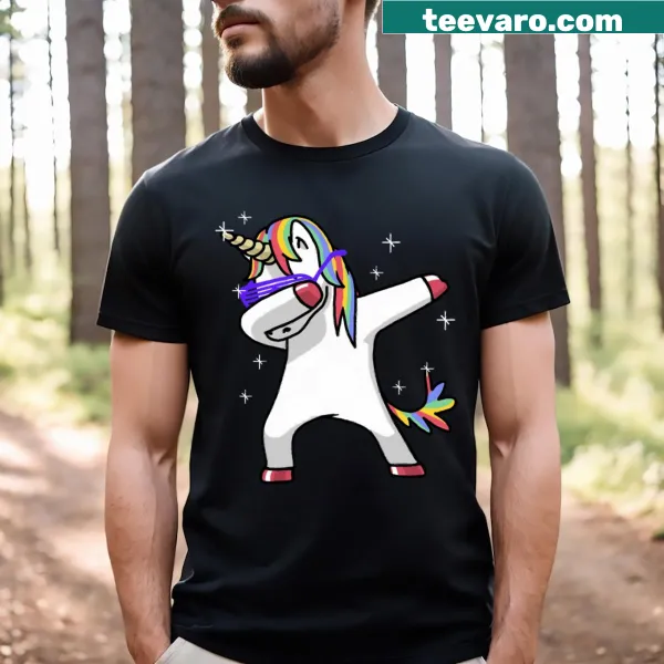 Funny T-shirt featuring a dabbing unicorn in cartoon style