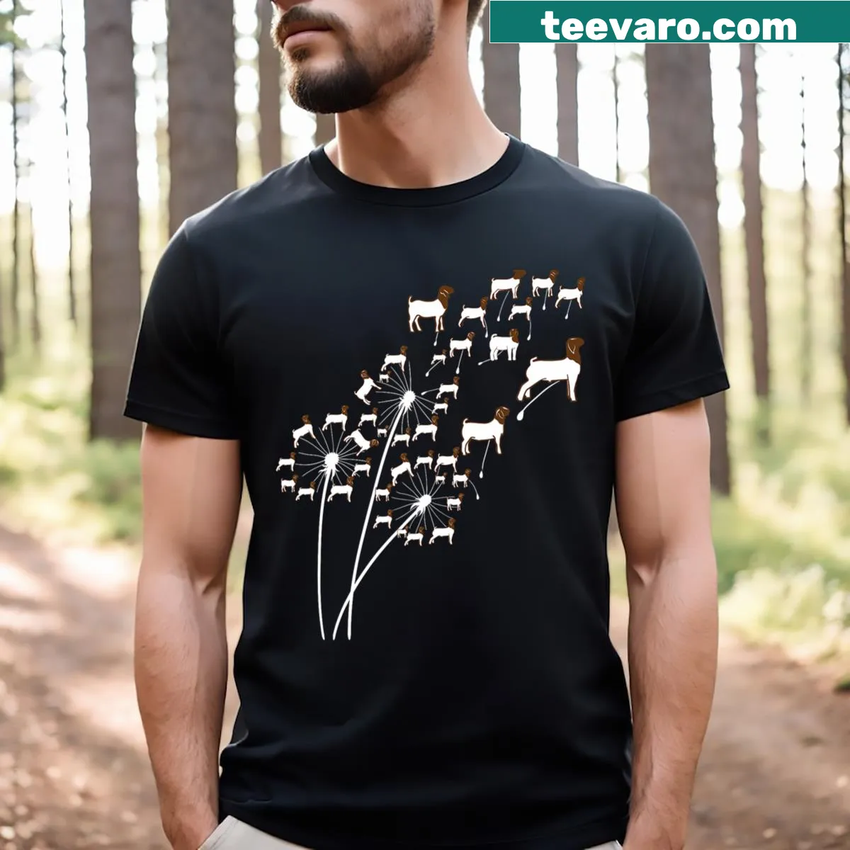 Floral show goat t-shirt with dandelion and Boer goat design — on a men's t-shirt