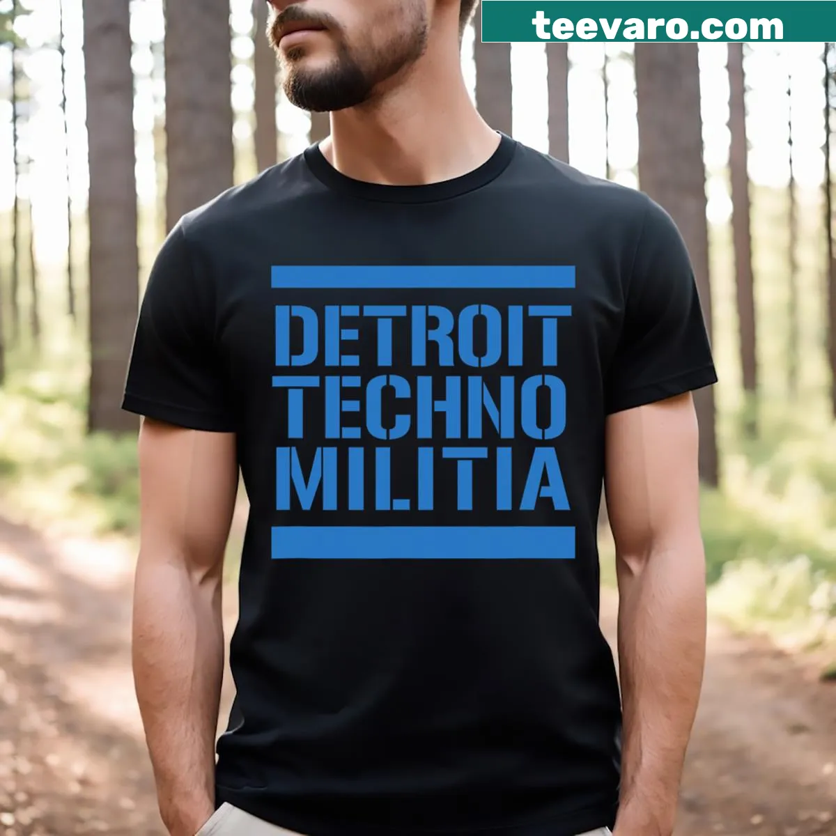 Detroit Techno Militia blue logo graphic T-shirt — on a men's t-shirt