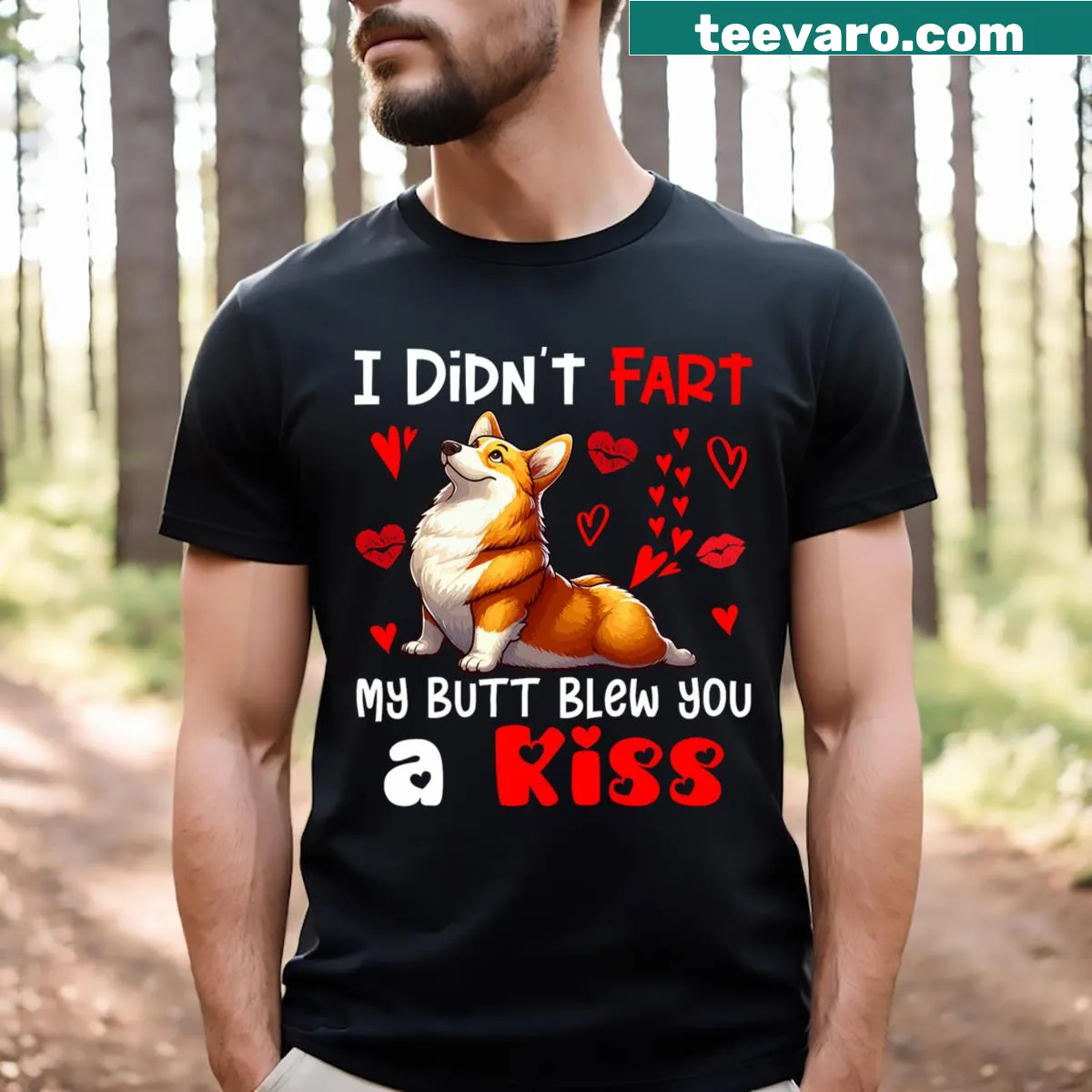 Funny corgi graphic T-shirt with playful kiss phrase — on a men's t-shirt