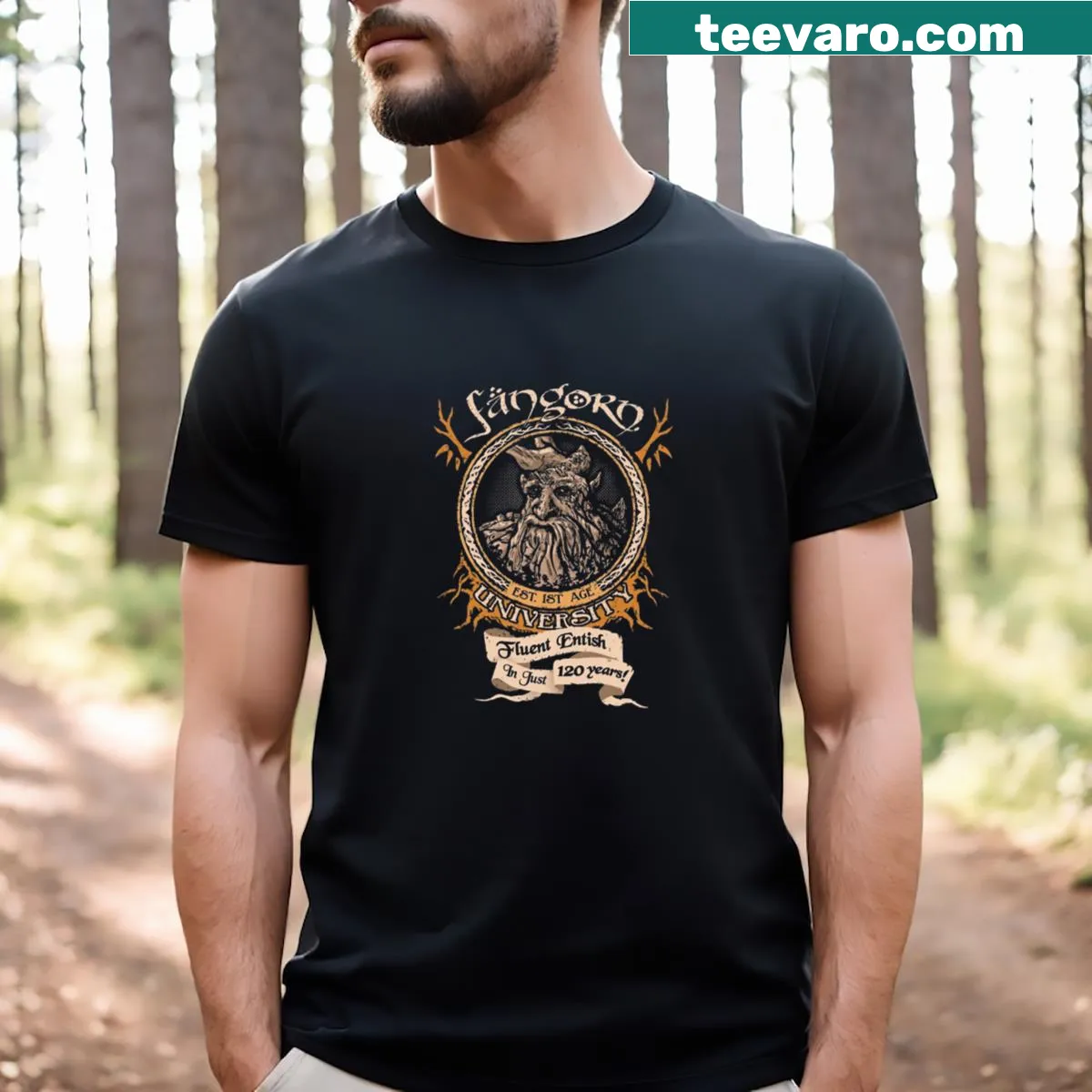 Whimsical Fangorn University t-shirt featuring a tree-themed logo design — on a men's t-shirt