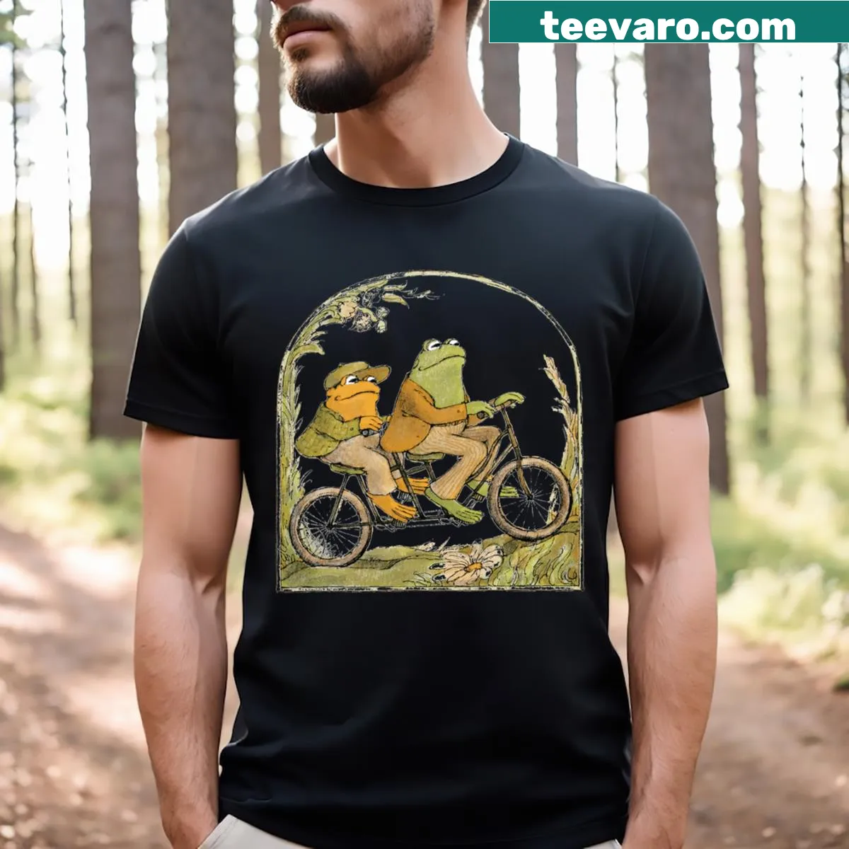 Funny cartoon frogs riding bicycles graphic t-shirt — on a men's t-shirt