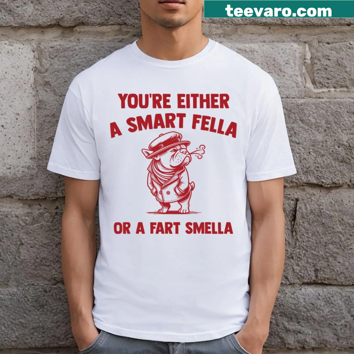 Humorous t-shirt with a bulldog graphic and playful text — on a men's t-shirt