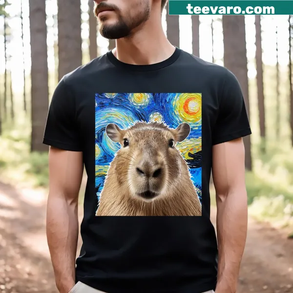 T-shirt featuring a capybara in a Van Gogh painting style