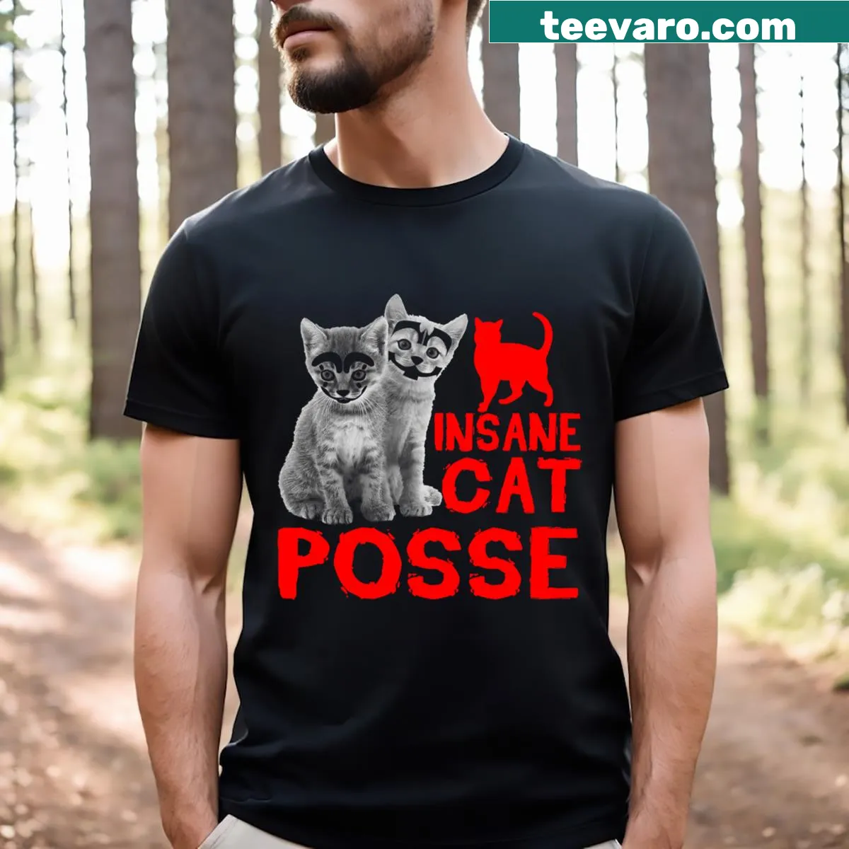 Funny cat posse graphic on a humorous T-shirt for cat lovers. — on a men's t-shirt