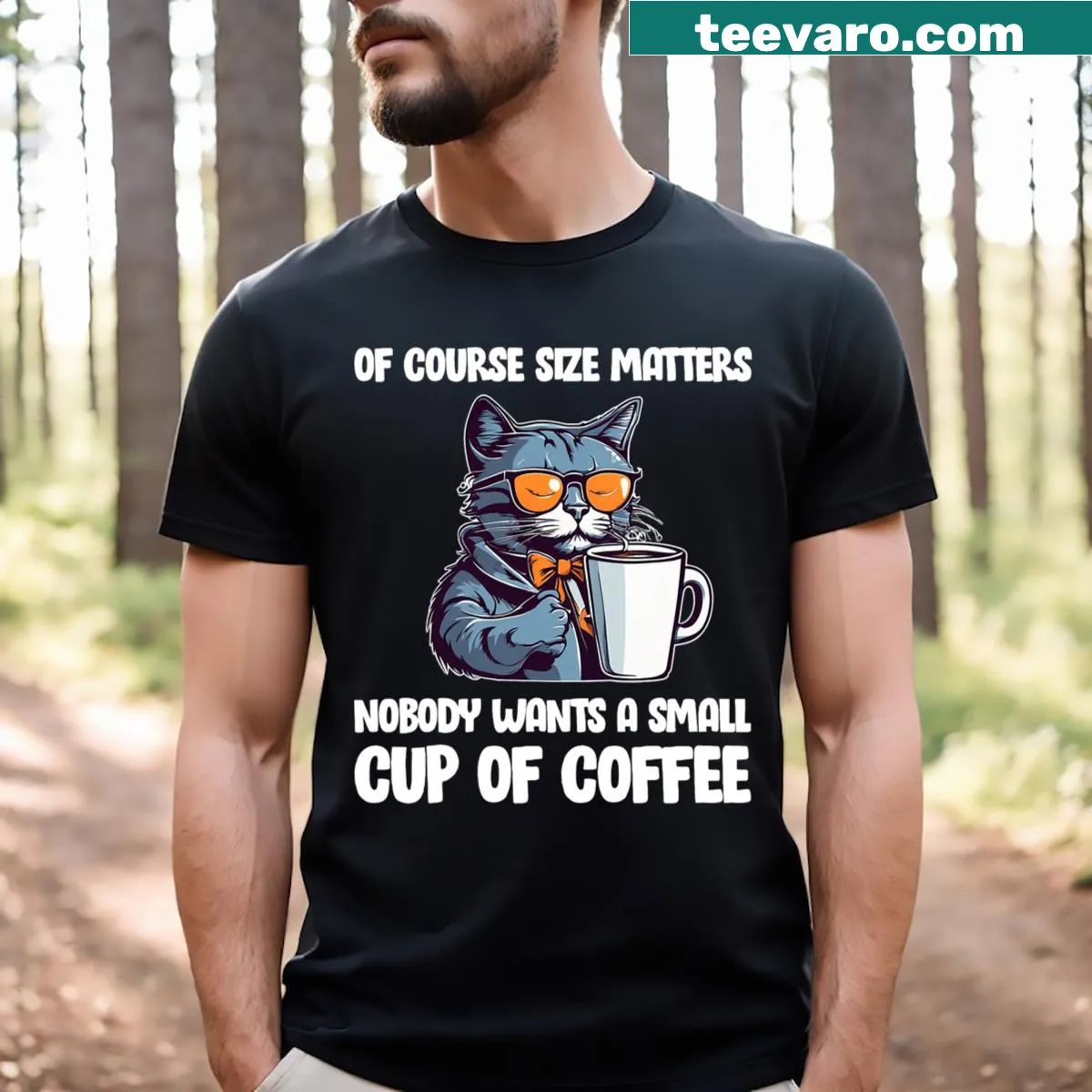 Humorous coffee-themed t-shirt featuring a size matters graphic. — on a men's t-shirt