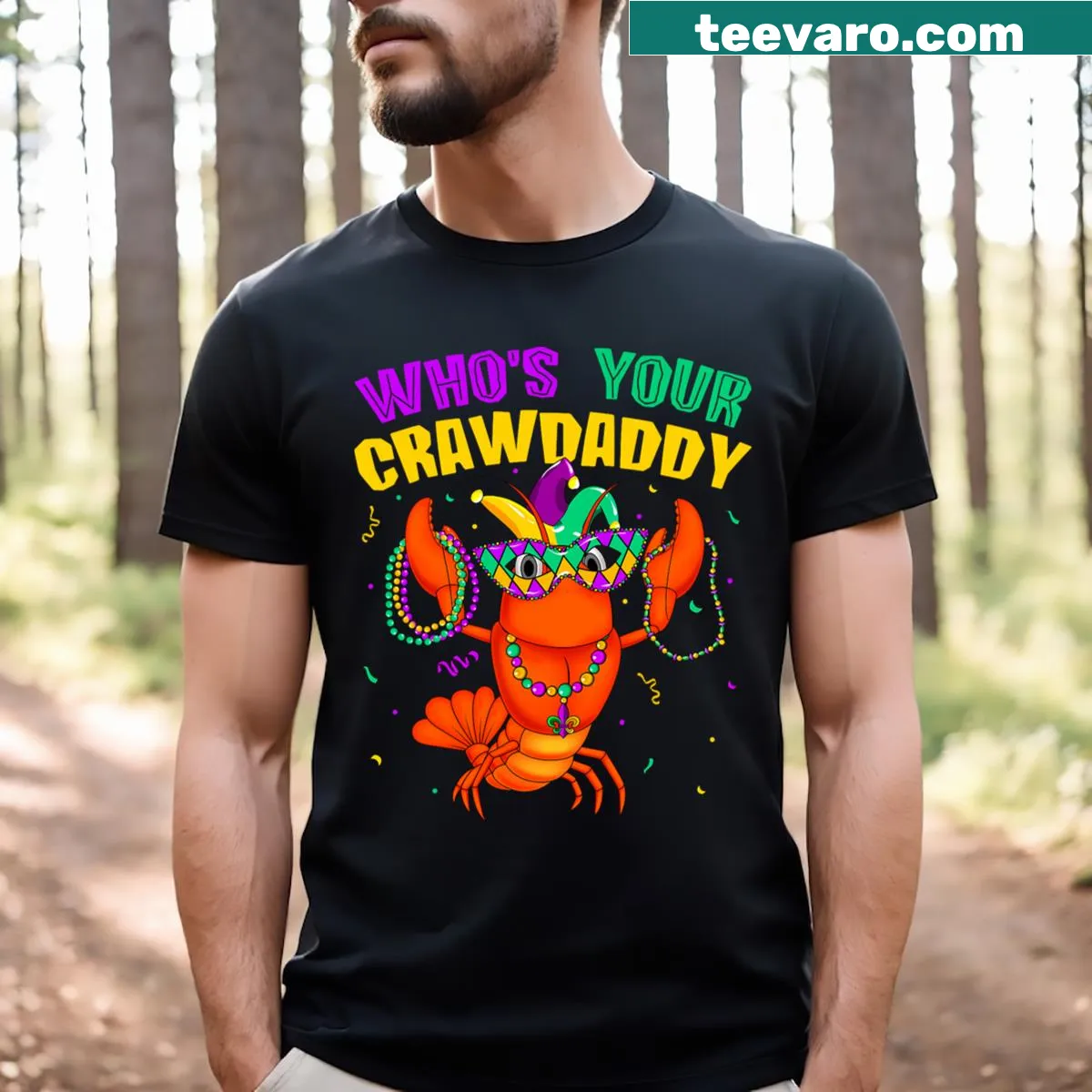 Mardi Gras T-shirt with crawfish and jester design — on a men's t-shirt