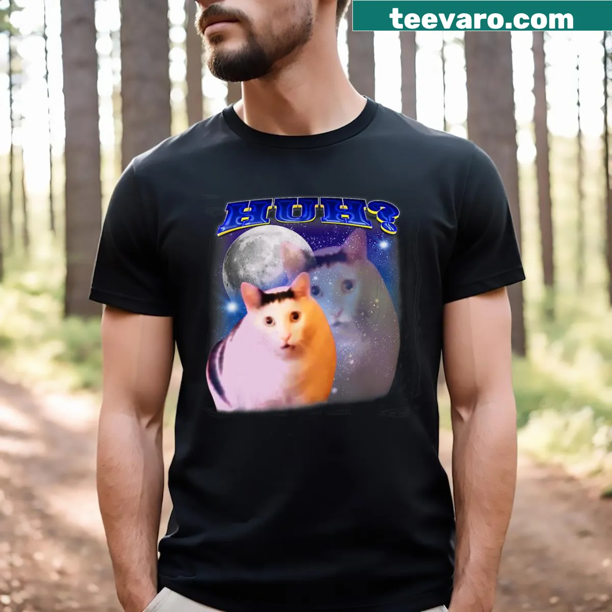 Humorous shirt featuring the text 'Huh?' in a quirky font — on a men's t-shirt