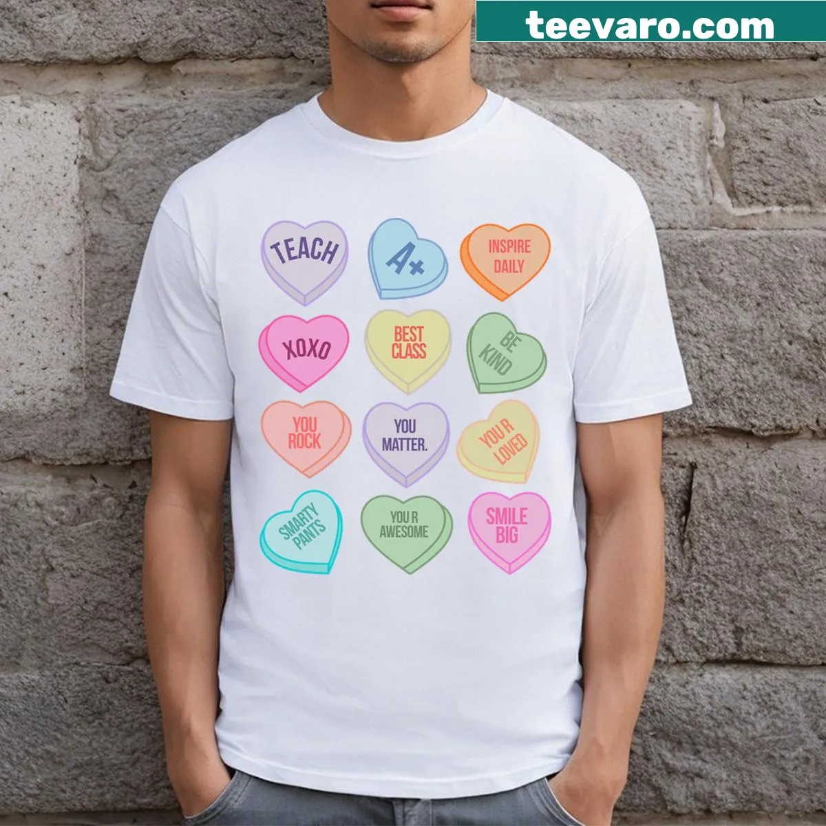 Funny Valentine's Day t-shirt for teachers featuring heart and candy design — on a men's t-shirt