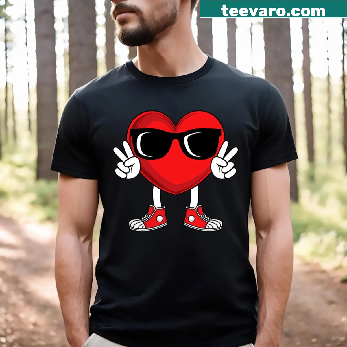 Heart graphic with peace hand for kids on Valentine's Day t-shirt — on a men's t-shirt