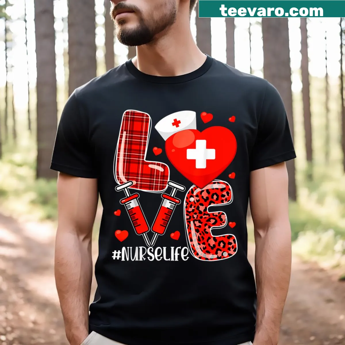 Cute nurse-themed Valentine's Day shirt with hearts and stethoscope — on a men's t-shirt