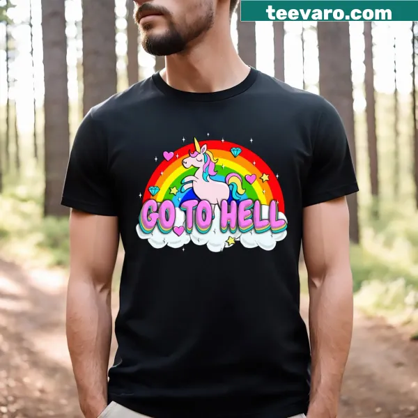 Bold unicorn graphic with edgy 'Go To Hell' text