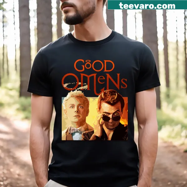 Vintage-inspired Good Omens shirt with whimsical graphic