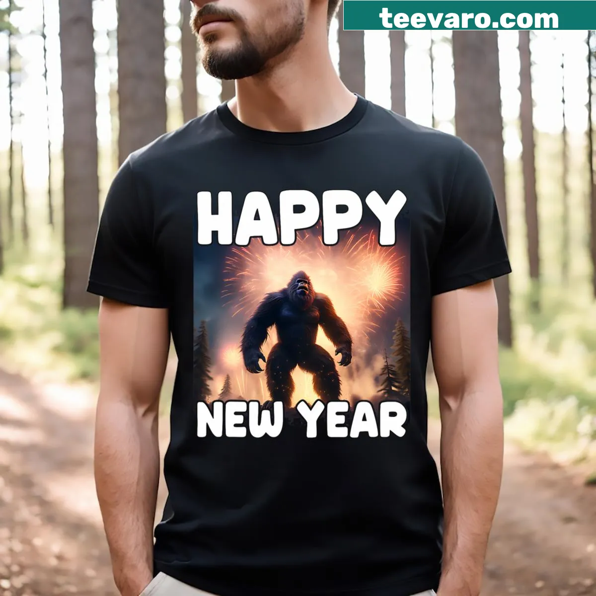 Illustrative design of Bigfoot celebrating New Year with a party hat. — on a men's t-shirt