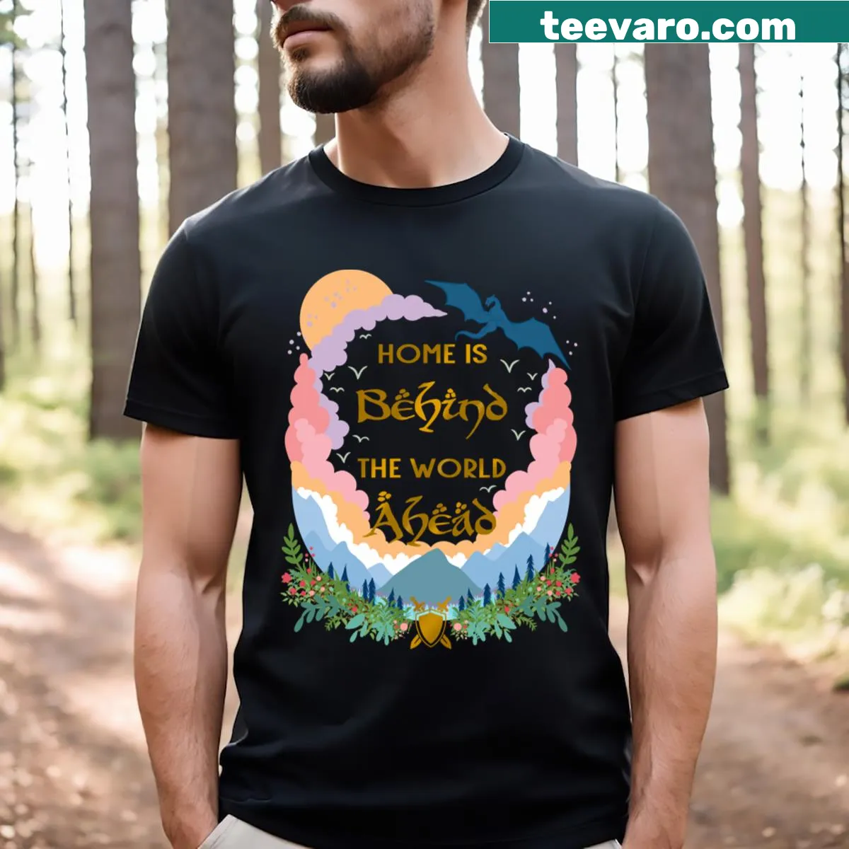 Inspirational quote t-shirt with the phrase about home and adventure — on a men's t-shirt