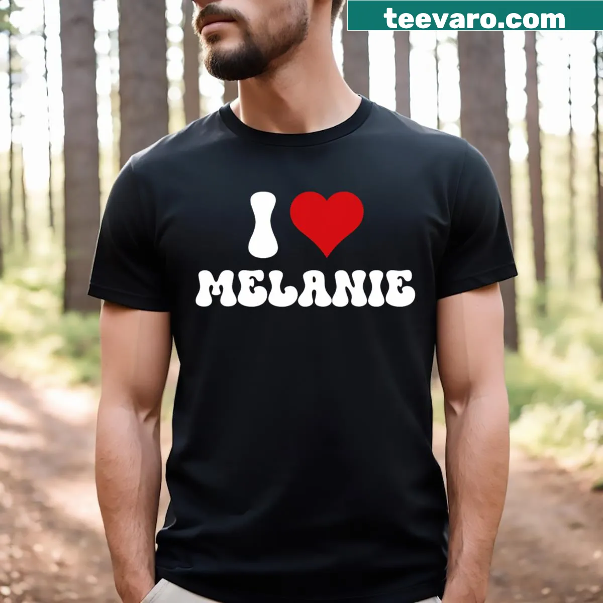 Valentine's Day t-shirt featuring the phrase 'I Love Melanie' with a heart design — on a men's t-shirt
