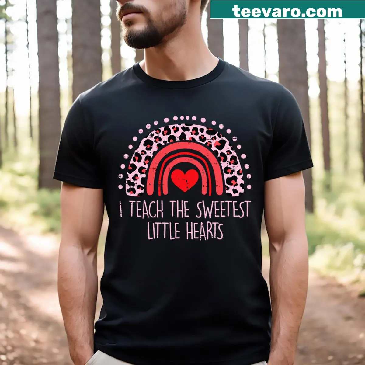 Teacher T-shirt with 'I Teach The Sweetest Hearts' and rainbow design — on a men's t-shirt