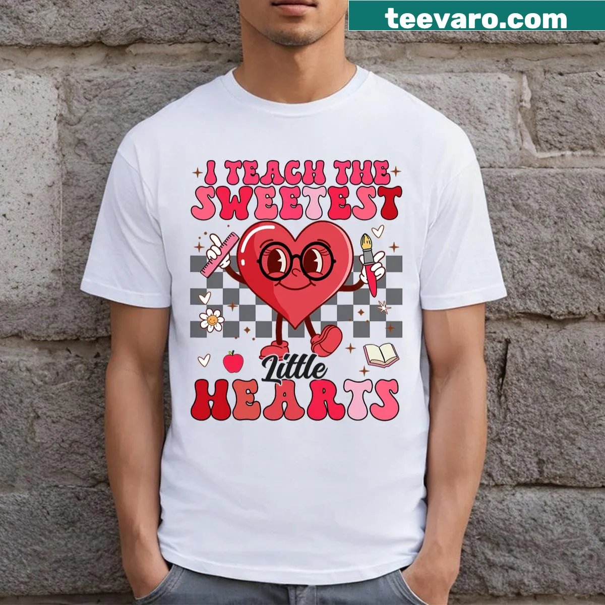 Valentine's Day teacher t-shirt with 'I Teach The Sweetest Little Hearts' text — on a men's t-shirt