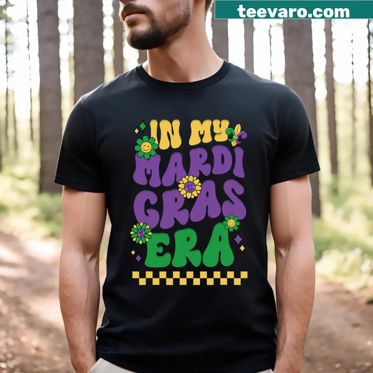 Retro Mardi Gras festival T-shirt — on a men's t-shirt