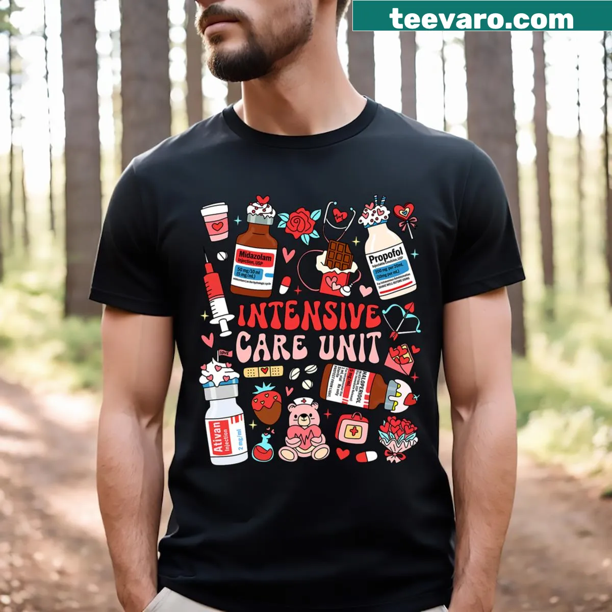 Retro T-shirt for ICU nurses with a Valentine's Day theme. — on a men's t-shirt
