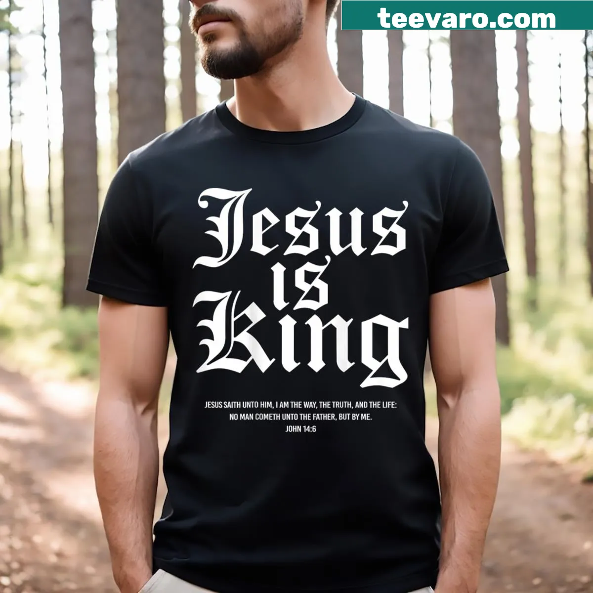 T-shirt with the text 'Jesus Is King' in bold typography — on a men's t-shirt